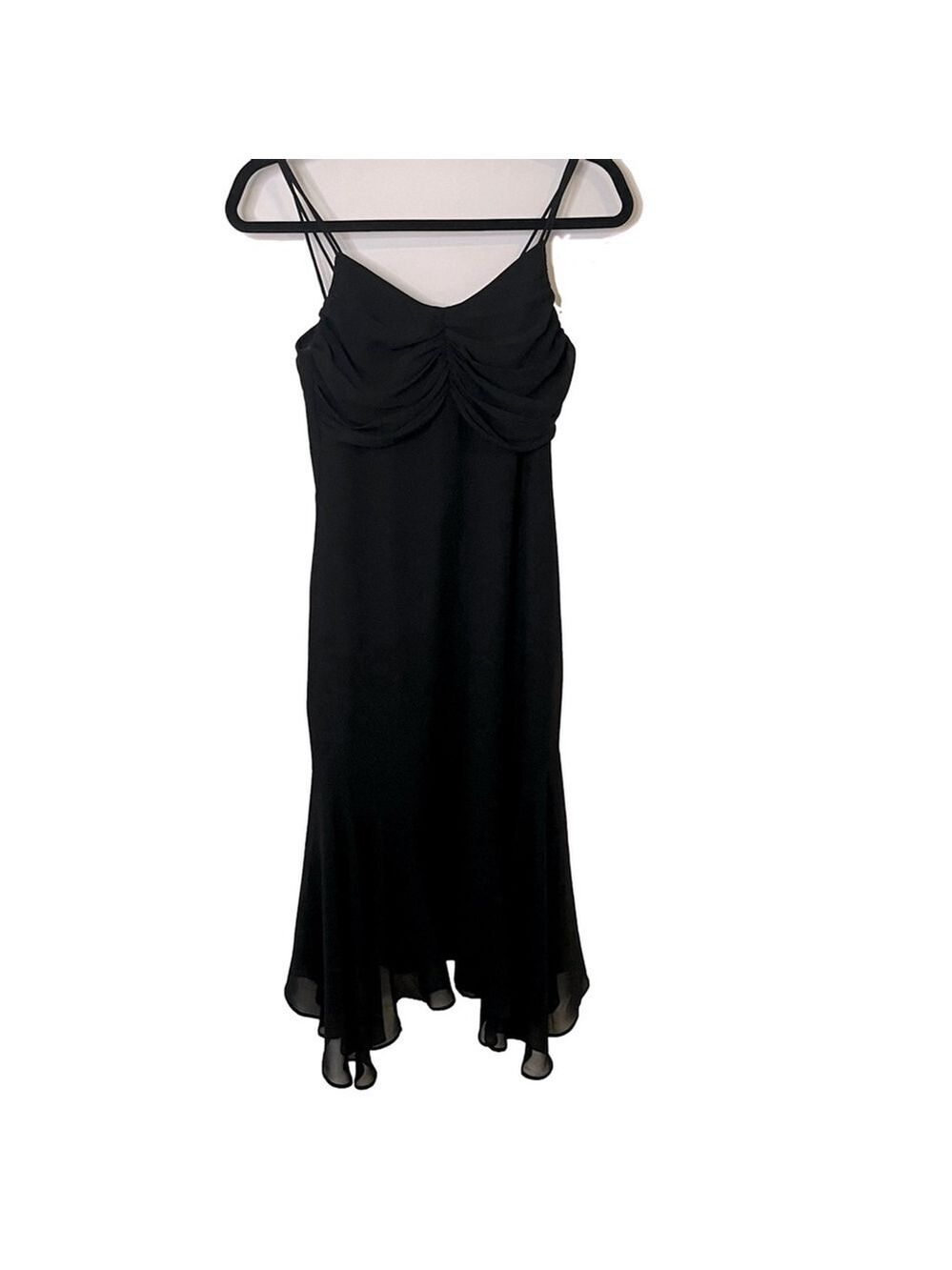 PRECIS PETITE Black Cocktail Evening Dress Sheer Midi Flowy Spaghetti Straps XS